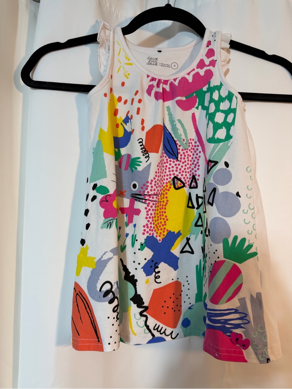 deux par deux White Multicolor Cat Artsy Abstract Kids Cotton Dress SZ 4 B10